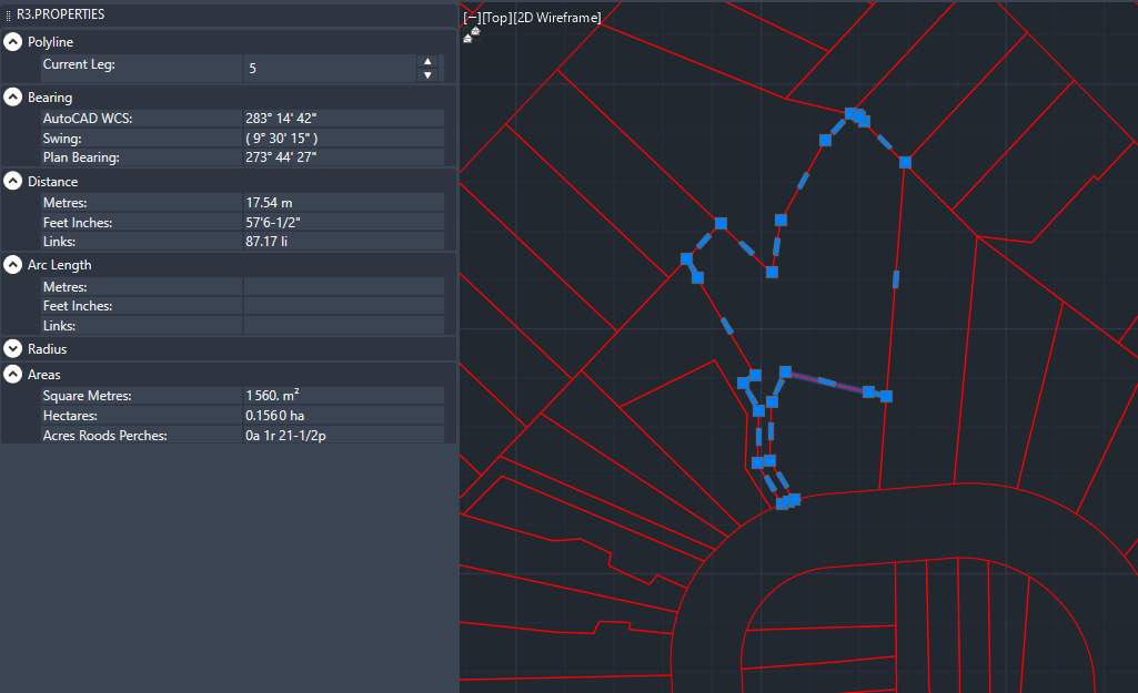 R3Properties panel showing bearing, distance, and area